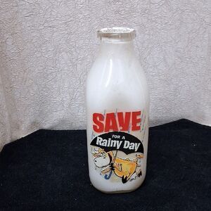 "Save for a Rainy Day"  vintage quart glass milk bottle
